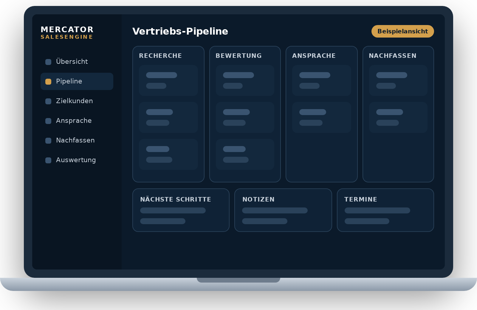Beispielansicht der Mercator SalesEngine: Vertriebs-Pipeline mit Recherche, Bewertung, Ansprache und Nachfassen